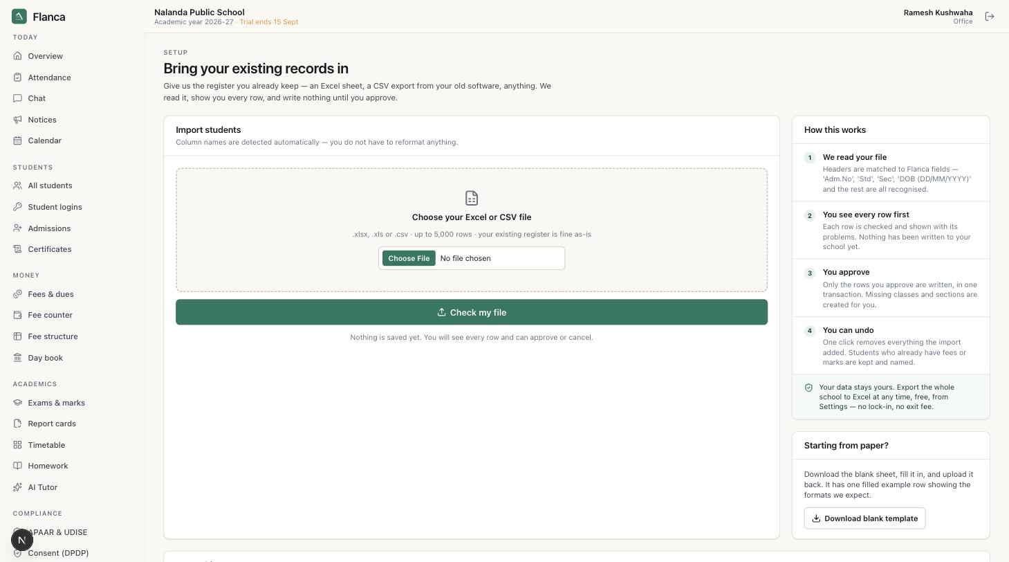 Import, step 1: upload the student list